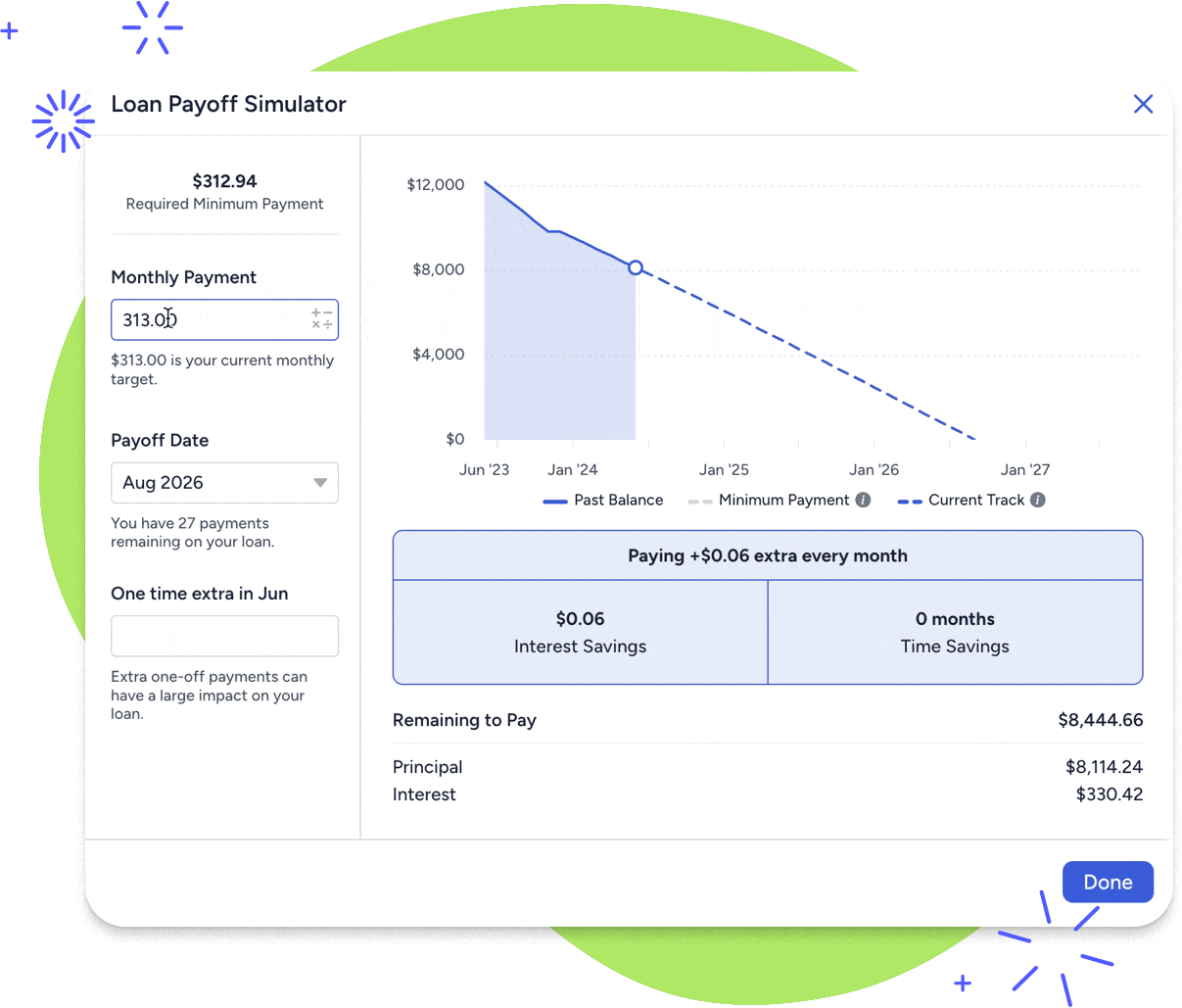 A gif showing YNAB's loan payoff simulator calculating the payoff date