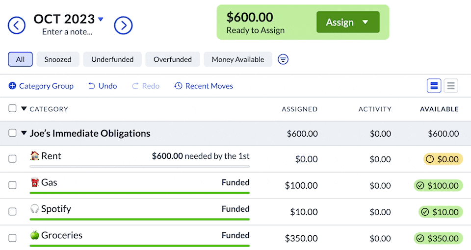 animation showing Joe assign money to the Rent category