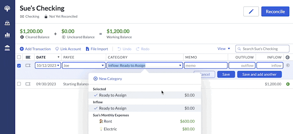 animation where Joe's payment to Sue is added to her transactions and assigned to her Rent category