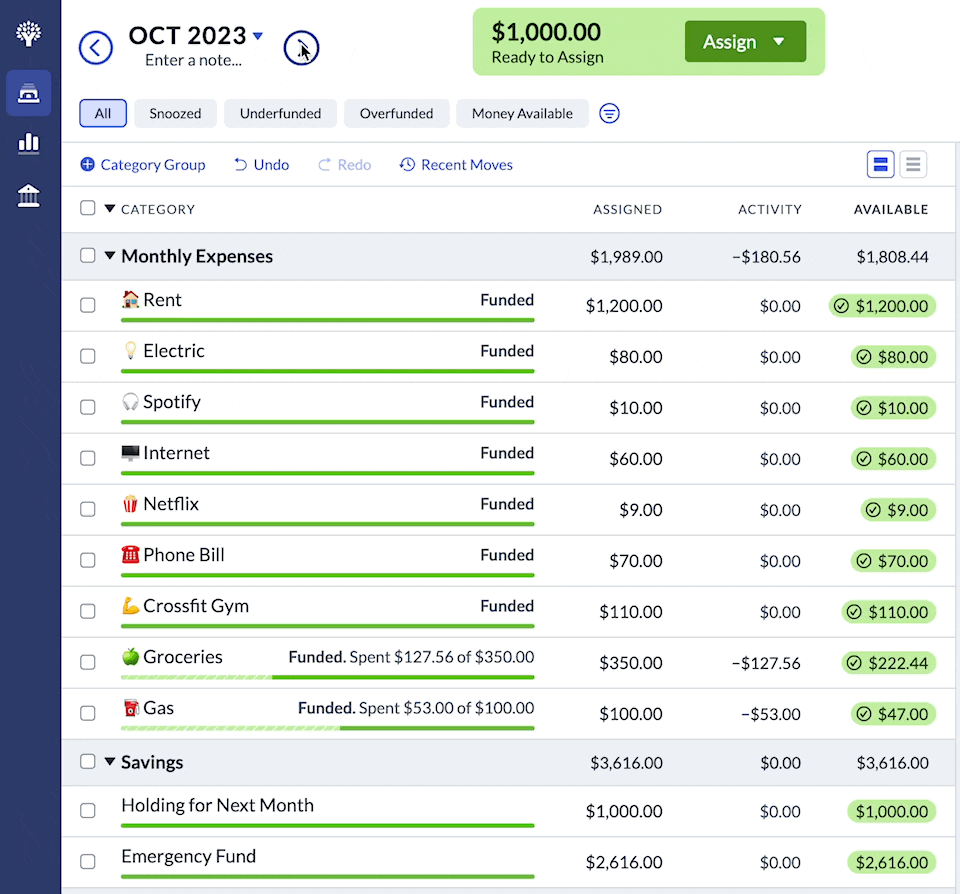 animation that shows assigning money to a category in a future month