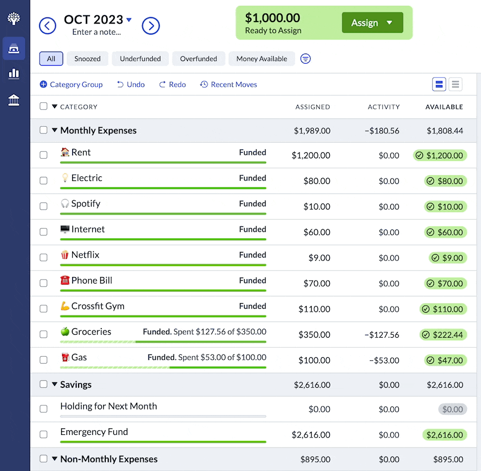 animation showing assigning money to a "hold for next month" category