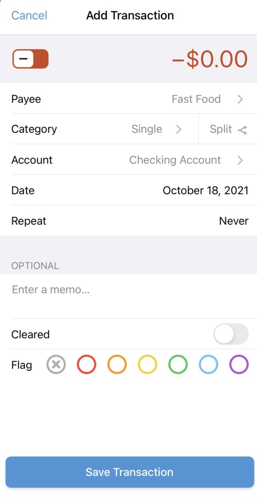 Just add an emoji in the memo line of the Add Transaction screen to track your emotional spending.