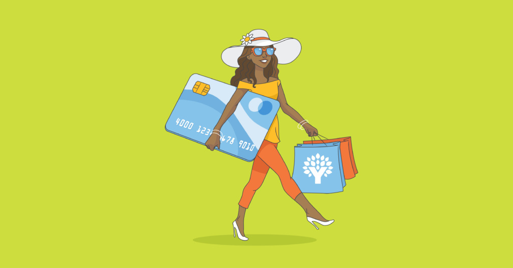 Thrifting tips saved my budget. Image is of a woman with shopping bags in one hand and an oversized credit card in the other.