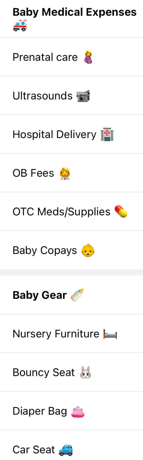 Detailed baby budget example