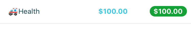 A budget category for medical expenses, titled Health with $100 in it