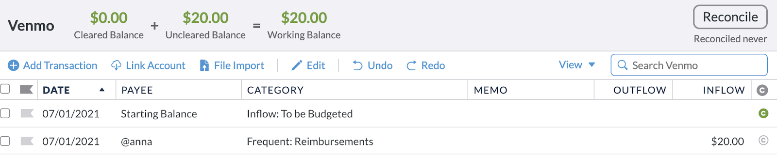 The reimbursement was categorized as an inflow to the Reimbursements category within the Venmo account.