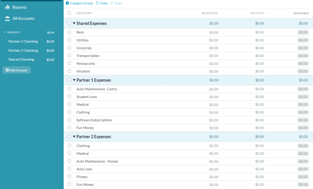 A budget showing two separate checking accounts and category groups along with one shared checking account and one category group.