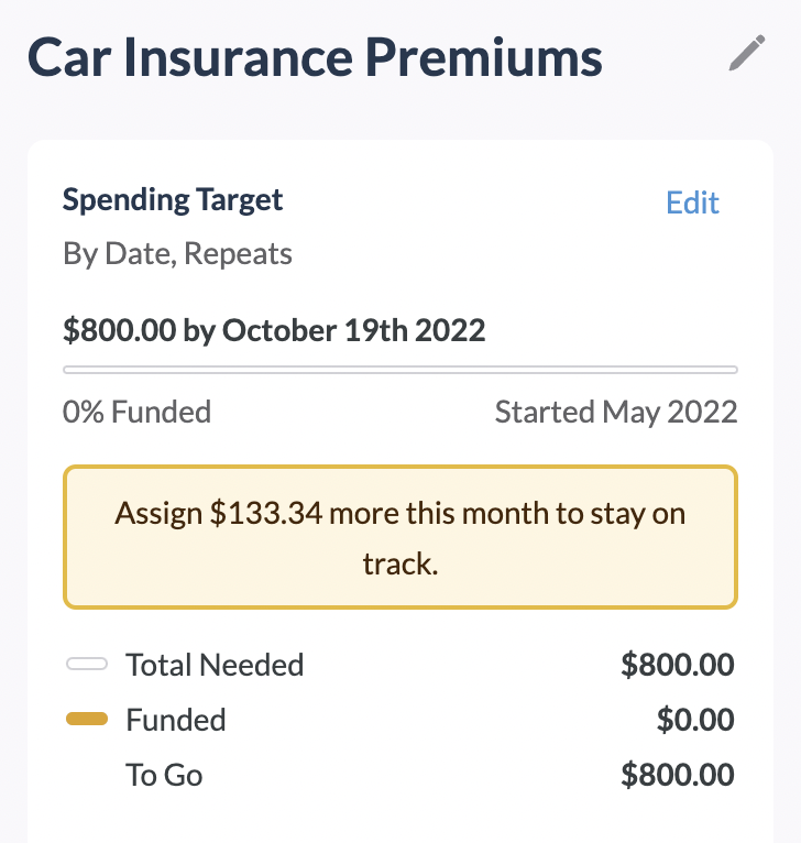 Adding a Target to your YNAB budget helps break large expenses like insurance premiums into manageable monthly chunks.