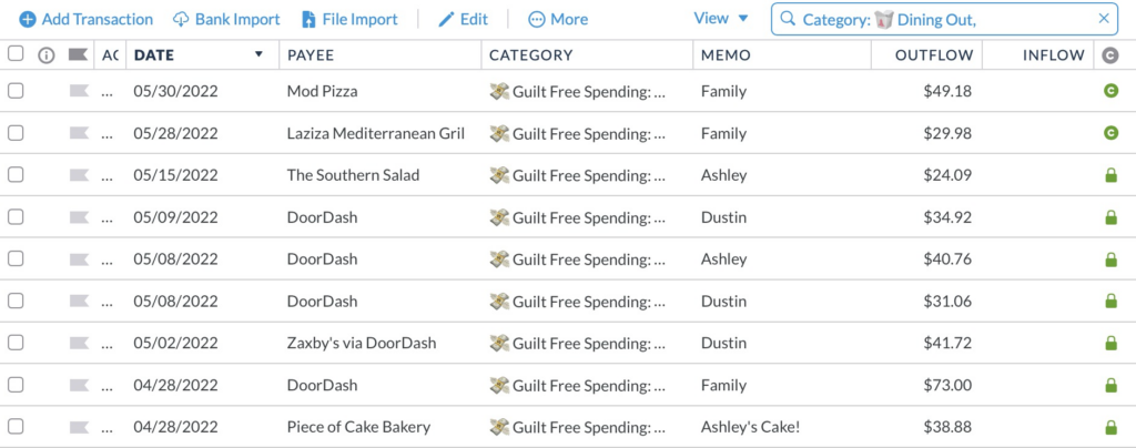 Organize your budget by adding the name of the purchaser in the "memo" section to keep track of who purchased what. This transaction list shows when food was ordered for the family, for Ashley, or for Dustin.