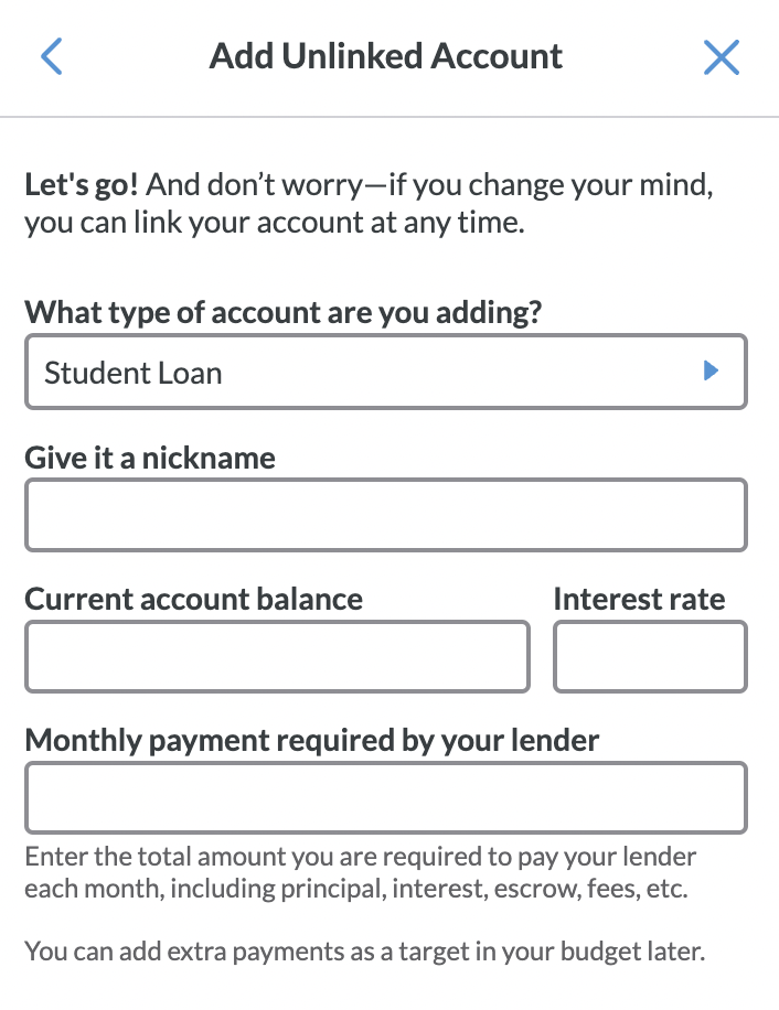 Add each of your student loans as an unlinked account.