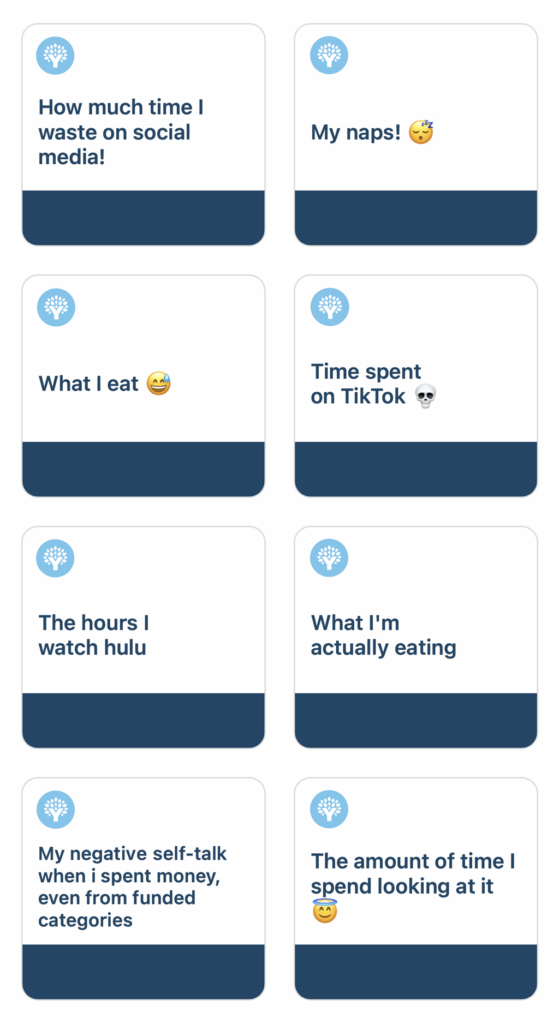 How much time I waste on social media!My napsWhat I eatTime spent on TikTokThe hours I watch HuluWhat I'm actually eatingMy negative self-talk when I spend money, even from funded categoriesThe amount of time spent looking at my budget