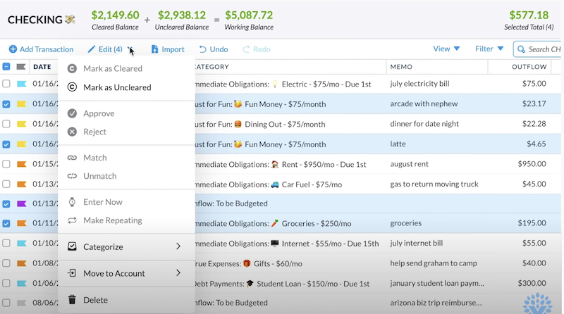 Select multiple transactions and move them with a single click in the edit menu.