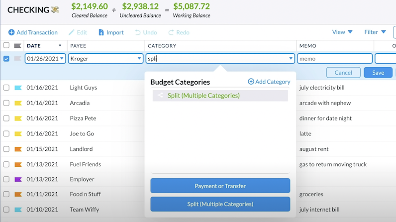 Quit clicking and simply type the word "split" to split transactions more easily.