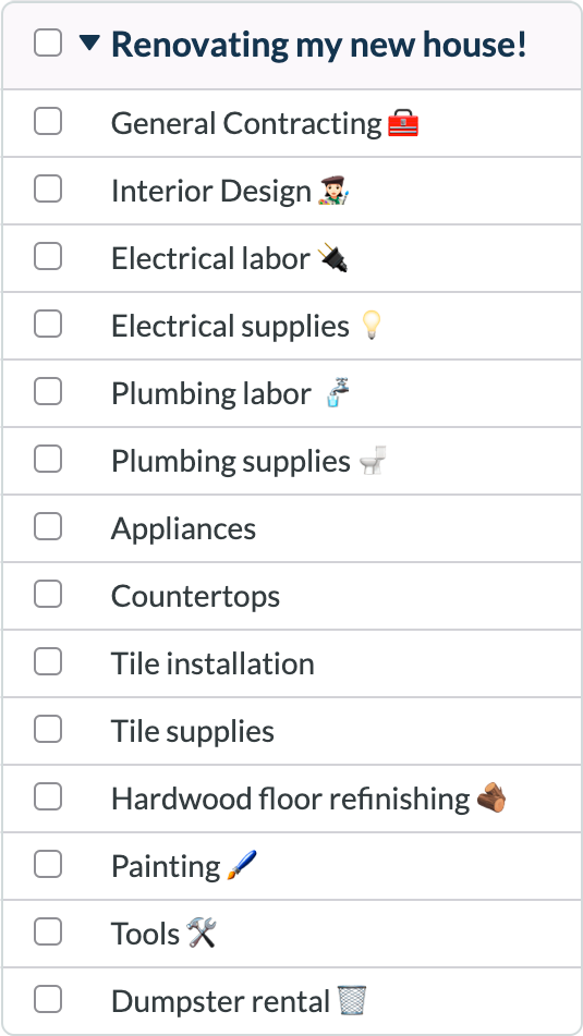 Renovation categories in YNAB
