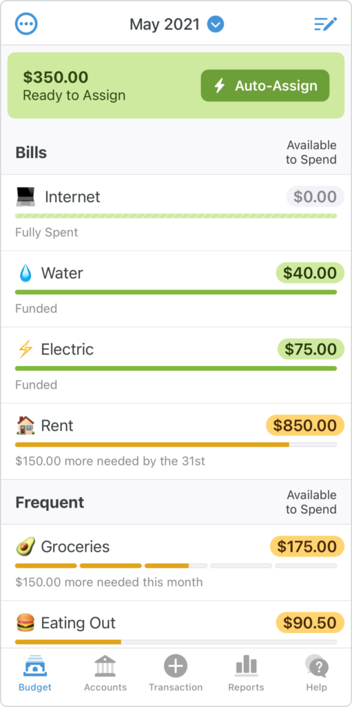 This is a mobile view of categories which are fully funded (green) or partially funded (yellow). 