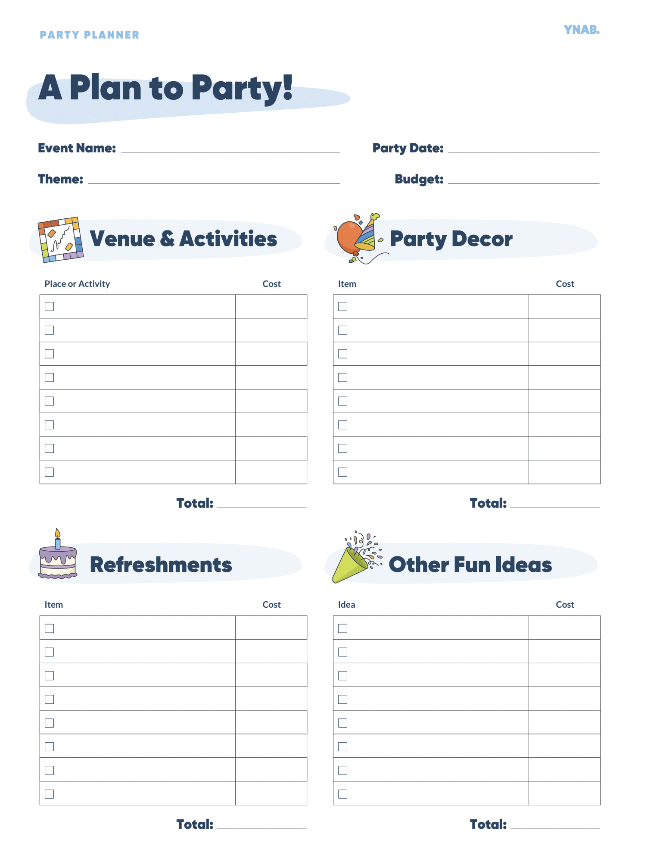 Printable Party Planning template to help brainstorm and budget for a venue, activities, party decor, refreshments and other fun ideas.