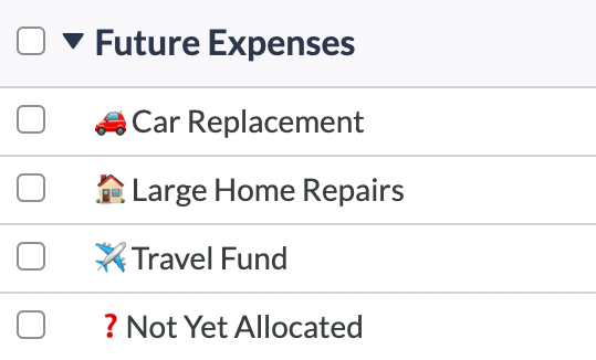 Screenshot of retirement budget categories for future expenses.