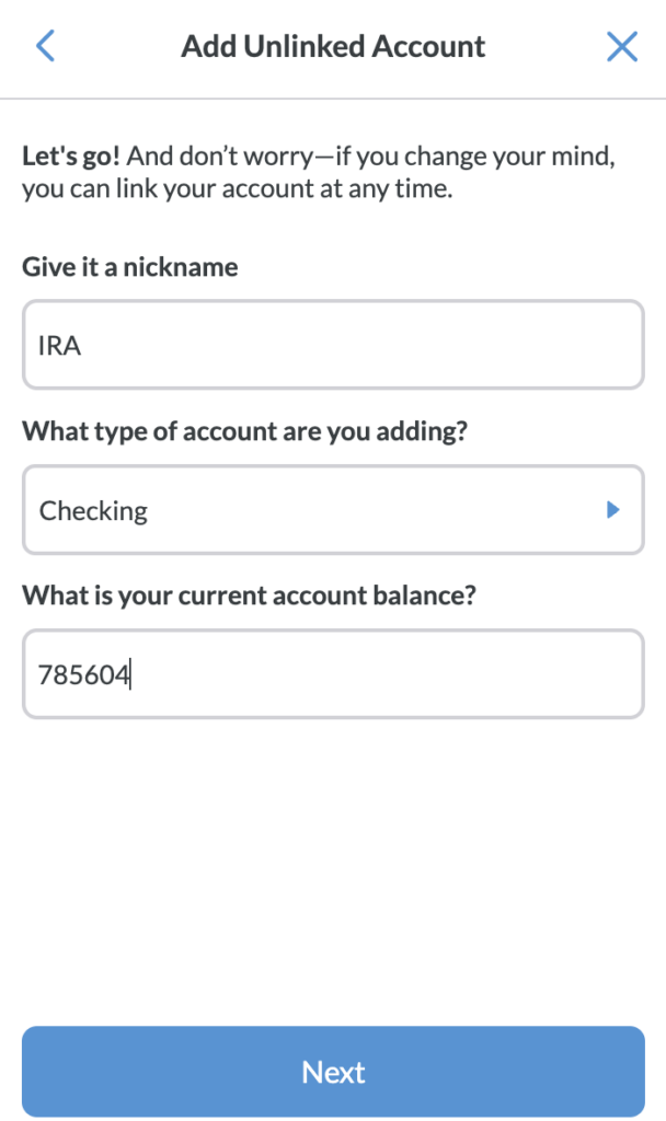 Screenshot of "Add an Unlinked Account" setup in YNAB.