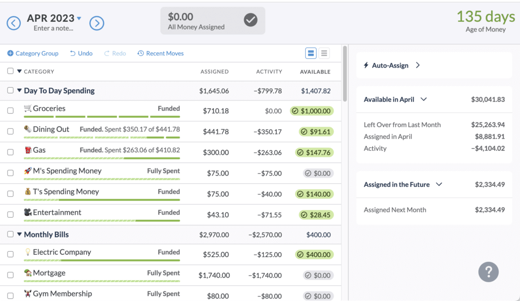 A YNAB budget which acts like a digital cash envelope budgeting. The budget shows the amount assigned and available in different categories.