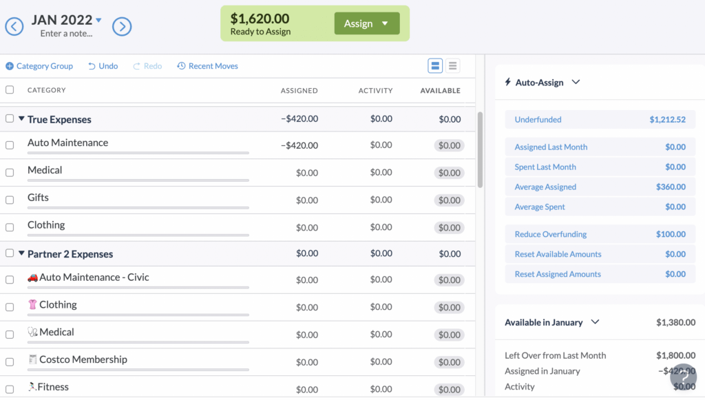 Screenshot of a budget showing non-monthly expenses
