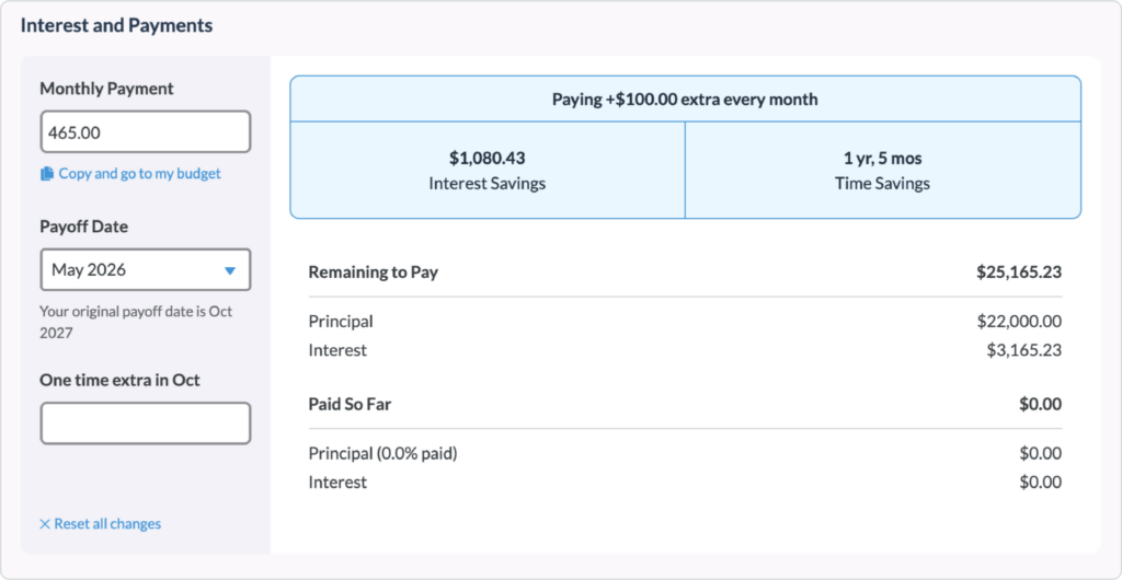A screenshot of YNAB's loan planner which shows you how much time or money you could shave off of the life of a loan by making extra payments.