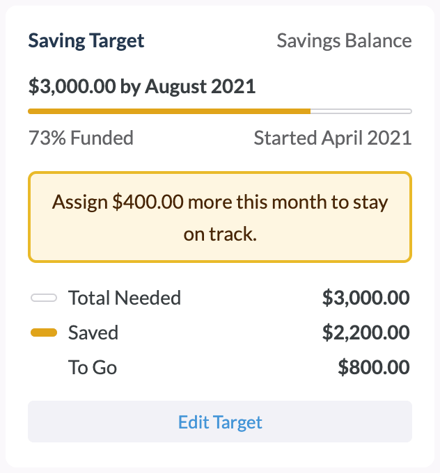 A screenshot showing a savings target being set for $3000 by August