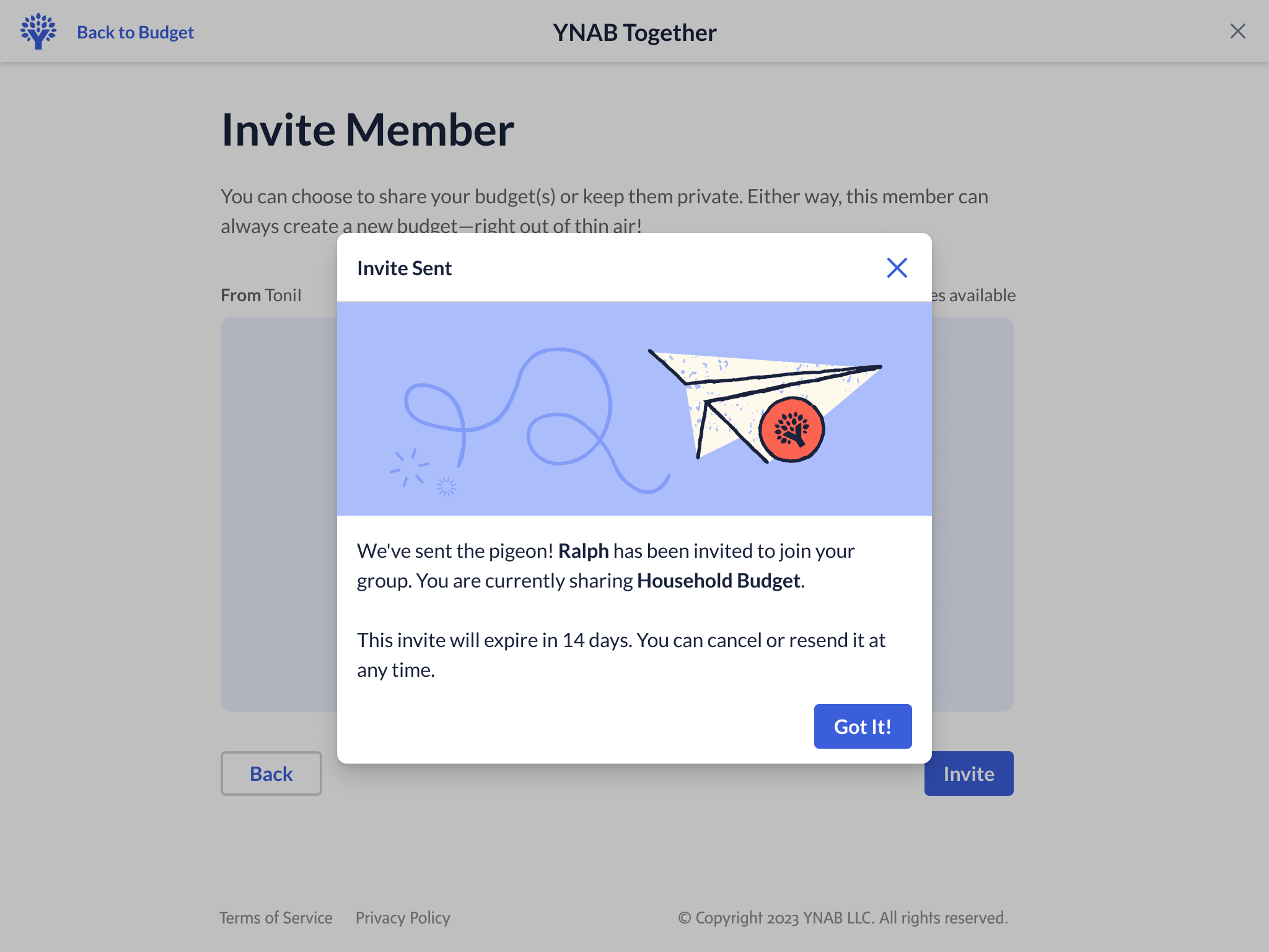 A screenshot of the YNAB Together screen that allows you to invite people to share your subscription.