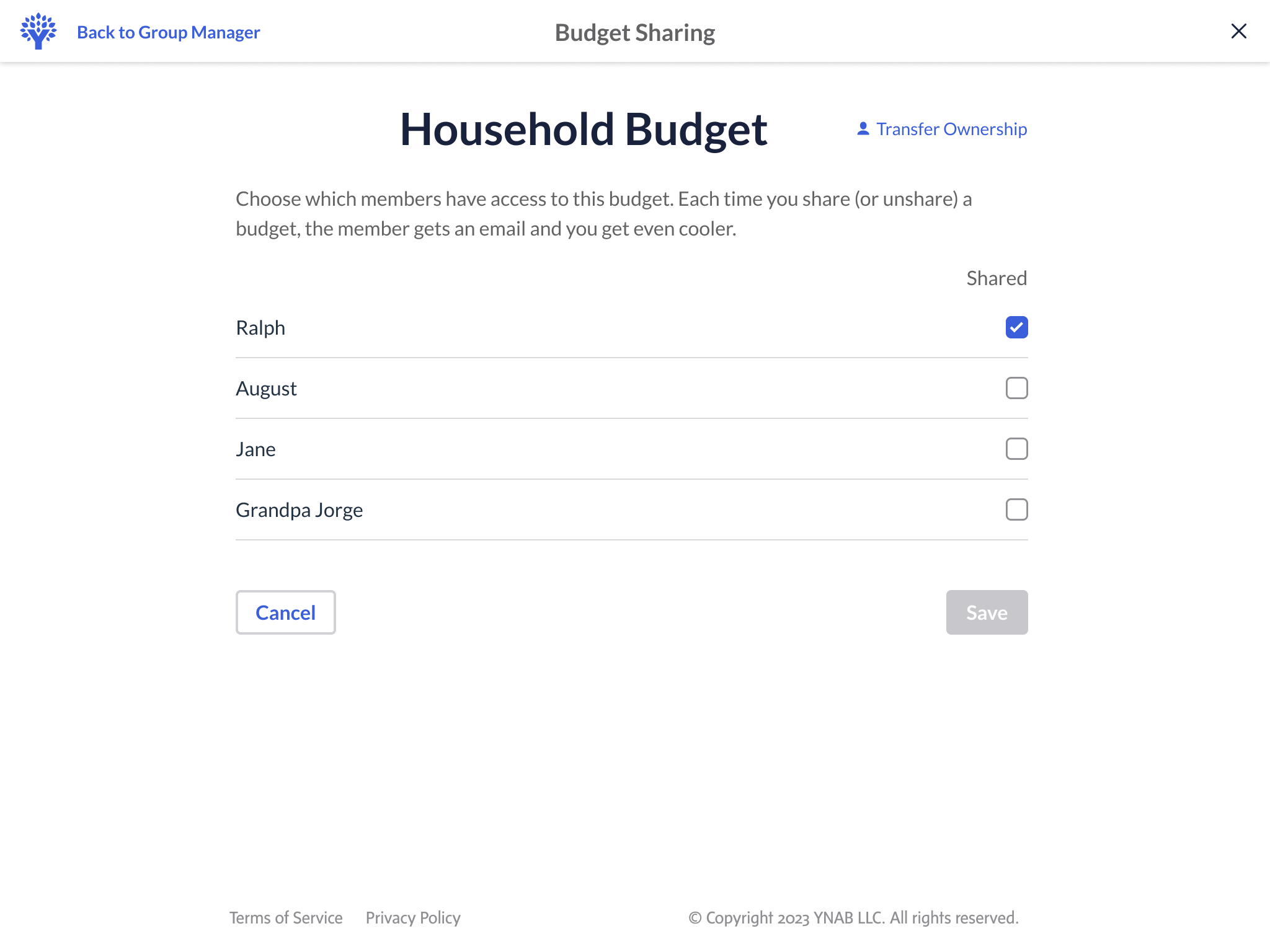 A screenshot showing that you can choose which members of your budgeting together group have access to which budgets.