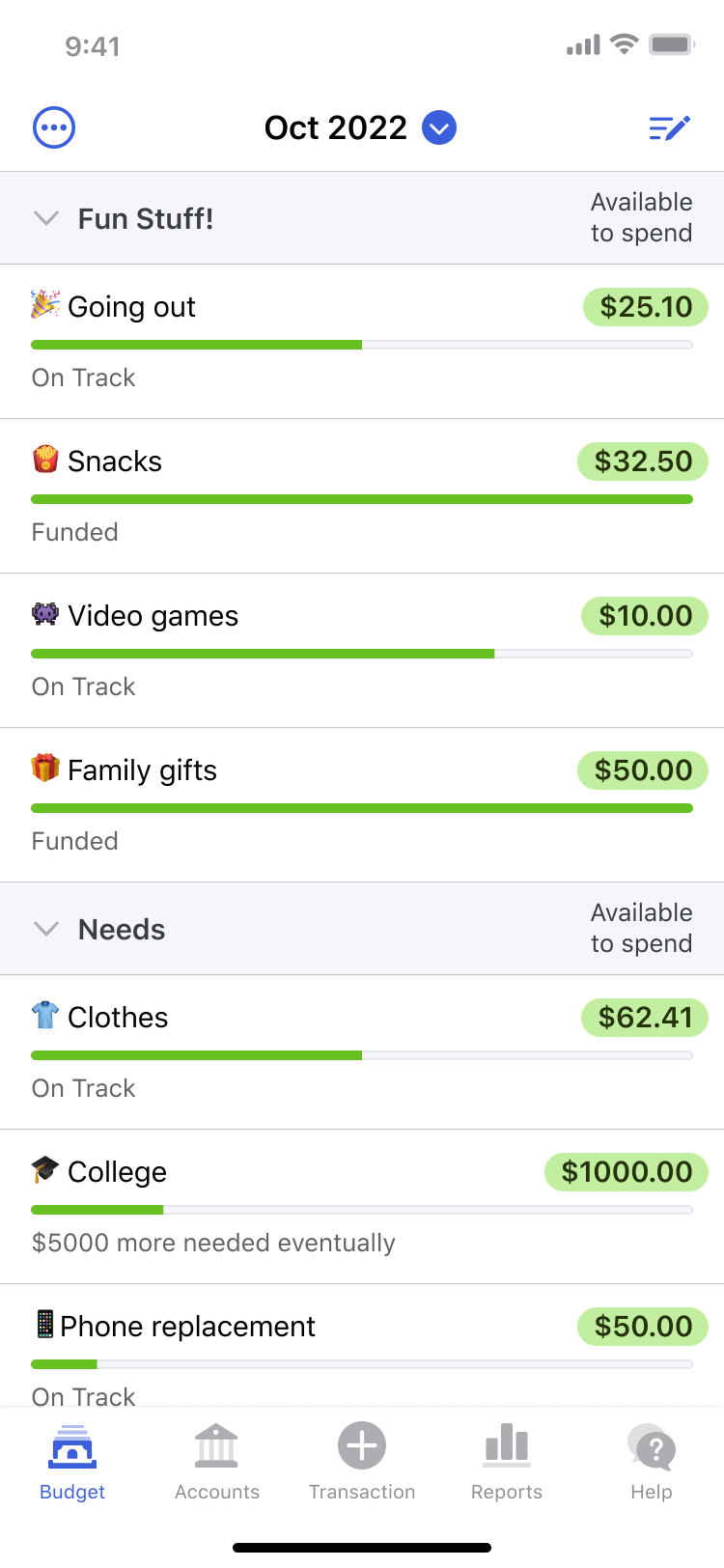 A screenshot showing an example of a teenager's budget