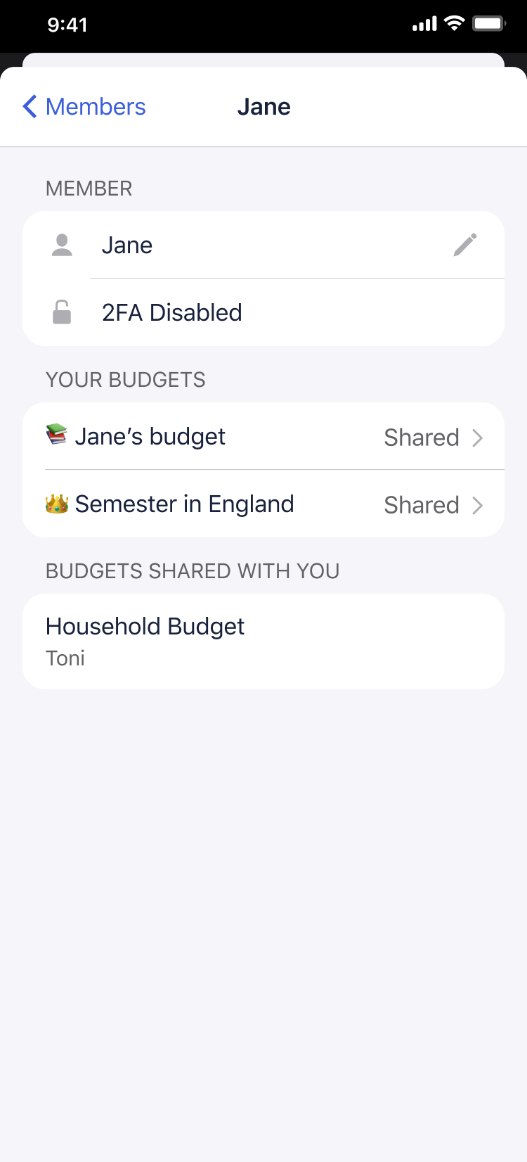 A screenshot showing that Jane has access to "Jane's Budget" and "Semester in England" budget