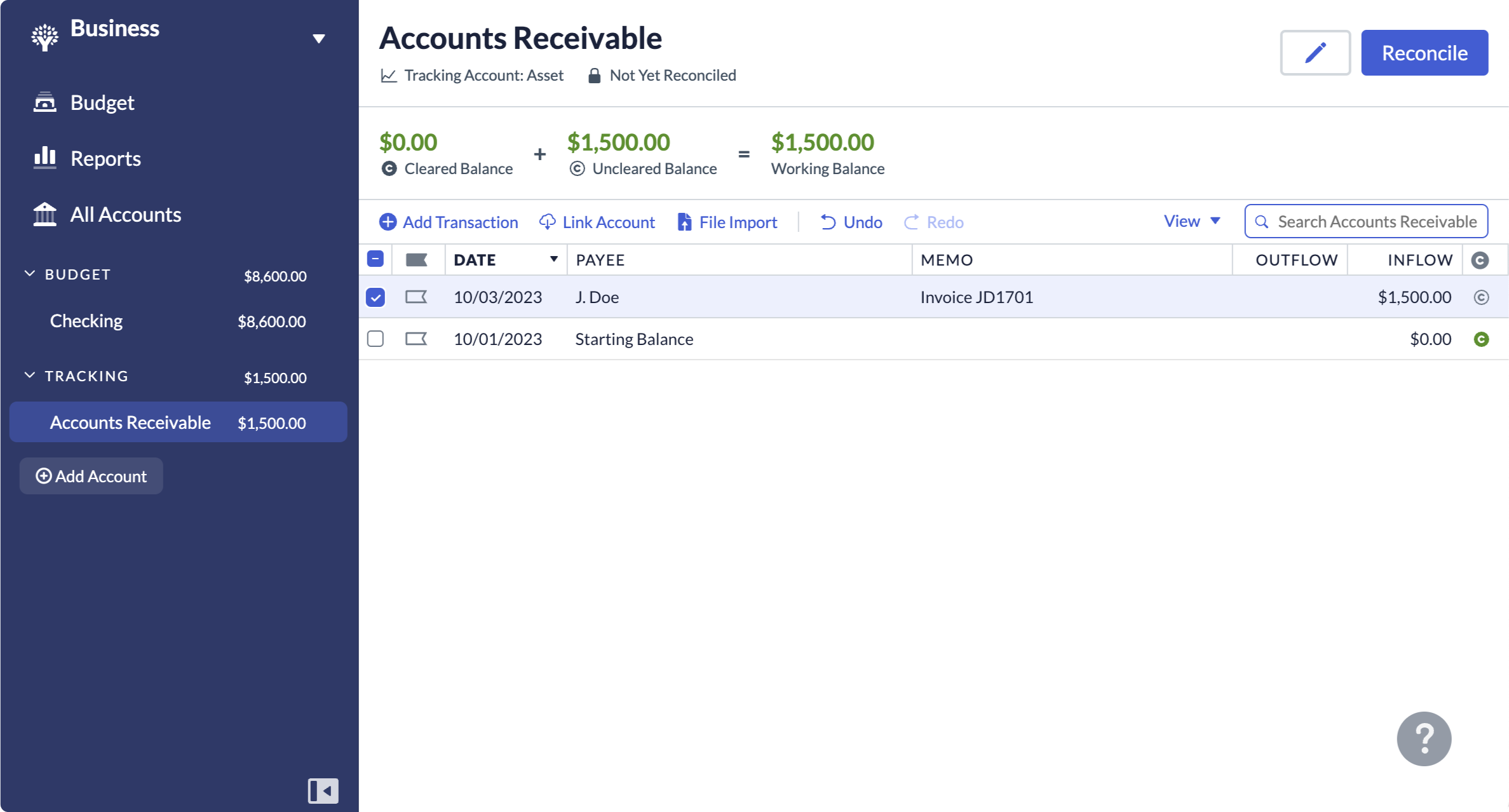 A screenshot showing the new Accounts Receivable unlinked account with invoices recorded within