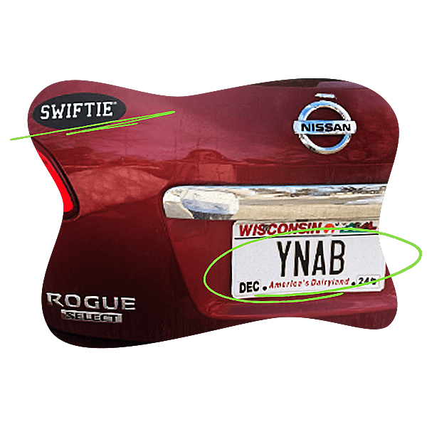 A Swiftie bumper sticker and YNAB license plate