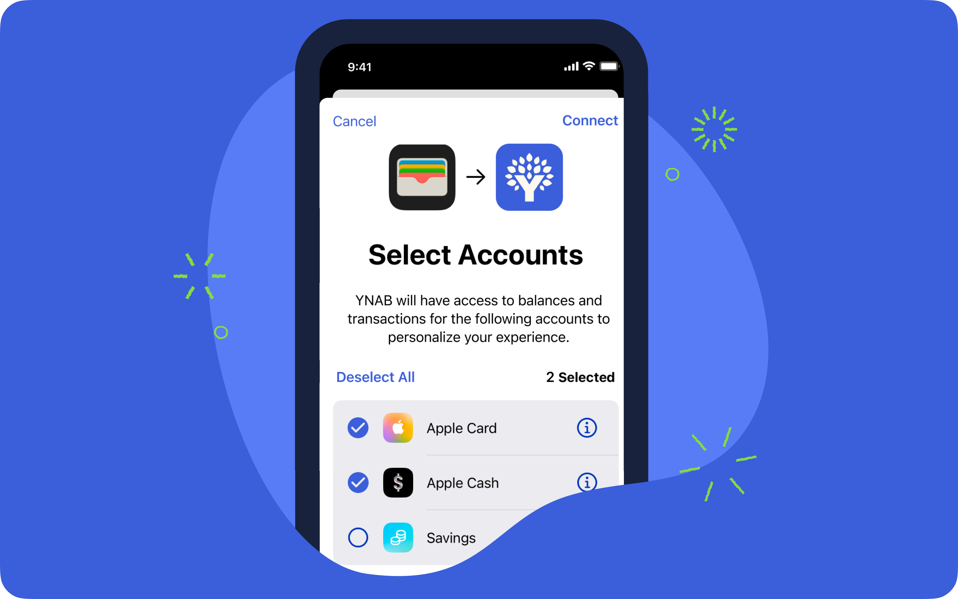 Apple Card, Apple Cash, and Apple Savings are now options for linked accounts in the YNAB app.
