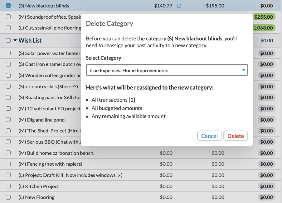 A screenshot showing the pop-up screen when you delete a category instructing you to move past activity to a new category. Since Dave bought the blackout blinds, he reassigned past activity to his current Home Improvements category.